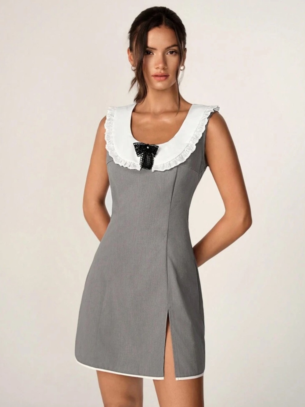 Classic Grey Lace-Collar Slip Dress with Black Bow